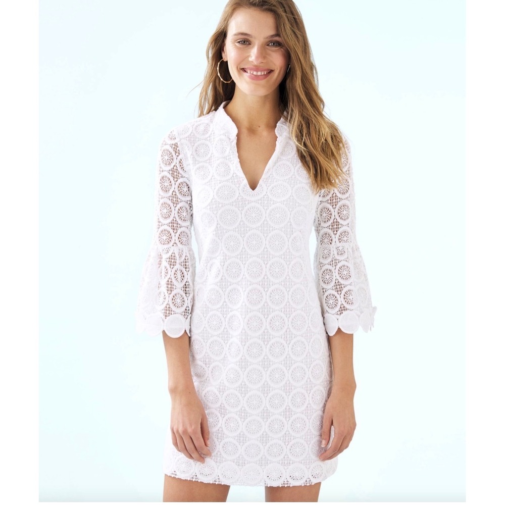 Lilly Pulitzer Zelle White‎ Eyelet Lace Bell Sleeve V-Neck Shift Dress  Womens M